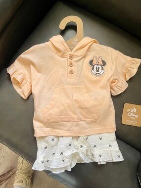 Disney Baby Minnie Peach Hoodie & White Ruffle Shorts Set 100% organic cotton